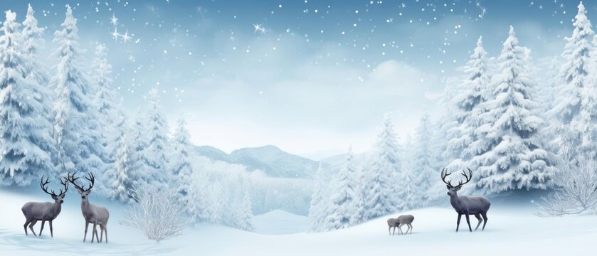 reindeers in Winter panoramic background with snow-covered fir branches and snowfall flakes. Christmas banner