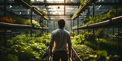 Harvest theme in vertical farming, plants grow on special shelves in optimal conditions.