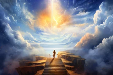 Fotobehang Escalier vers le paradis, la voie vers le ciel, illustration graphique ia générative © sebastien montier