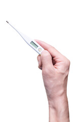 Man holds a modern electronic thermometer on a white background. Isolated on transparent background. Measure body temperature. PNG
