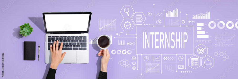 Poster internship theme with person using a laptop computer