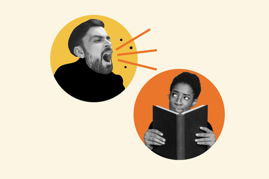 Composite collage picture image of shouting angry man loud screaming smart woman hold book reading irritated annoyed argument