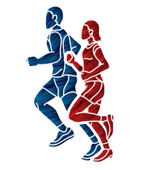 Fototapeta na wymiar Group of People Running Together Man and Woman Runner Marathon Cartoon Sport Graphic Vector