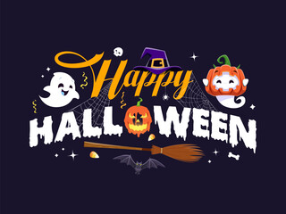 Halloween holiday banner with kawaii ghosts, scary pumpkin and funny spooky boo, vector background. Halloween horror night banner with witch broom, hat and skull with bat in spiderweb or cobweb