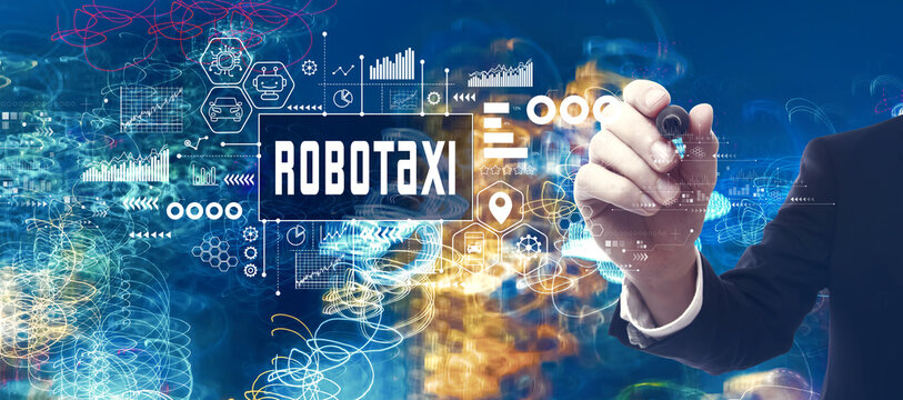 Robotaxi theme with businessman in a bokeh neon light trails city night background