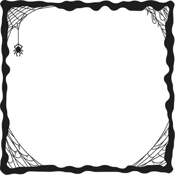 Halloween holiday black frame with spiders in cobwebs, horror night vector background with borders. Halloween holiday poster or greeting card with spiderweb corners in black spooky frame