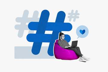 Creative smm content maker collage blogger girl lying pouf new video feedback woman put like hashtag popular isolated on white background