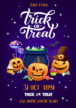 Halloween party flyer with scary pumpkins and witch potion cauldron, cartoon vector. Halloween trick or treat holiday night invitation poster with spooky candy sweets of bone, finger and ghost cupcake