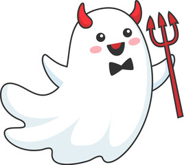 Cartoon Halloween kawaii ghost devil, horror holiday funny cute boo vector character. Halloween trick or treat party cheerful ghost with devil horns and trident, kids kawaii poltergeist for Halloween