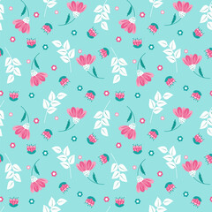 Amazing seamless floral pattern with bright colorful flowers and leaves on a blue background. Elegant template for fashionable prints. Modern floral background.