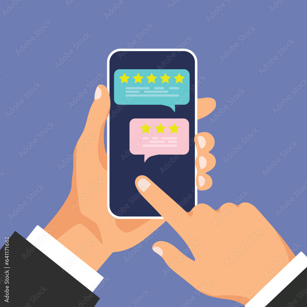 Aufkleber smartphone with reviews rate on the screen. review rating bubble speeches on mobile phone. man click