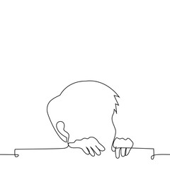 man's head sticking out from under the fence holding onto it with his fingers - one line art vector. concept peep, curious