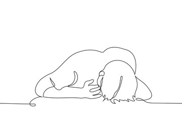 man put his head down on the table face down and touches his temples with his fingers - one line art vector. concept to get tired, headache, migraine, overwork