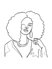 Continuous one line drawing of black afro woman. Vector illustration.