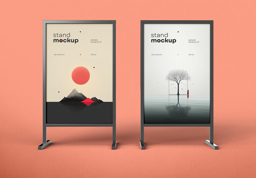 Dual Stand Banner Mockup &ndash; Coral Background Conceptual Display with Abstract Red Sun and Tree Illustration