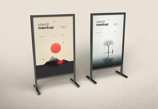 Double Street Stand Poster Mockup &ndash; Modern Framed Sign Display with Artistic Landscape for Urban Advertising