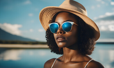 Beautiful young black woman posing for model style photo amidst nature on a sunny day beautiful young black woman