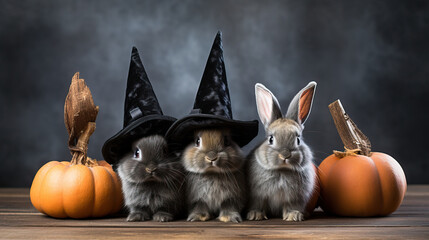 Whimsical Halloween Rabbit Group in Witches Hats - Charming Vector Illustration