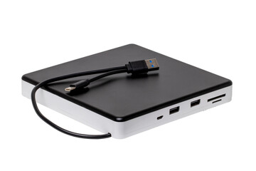 Closeup of a external DVD CD usb burner drive and player with integrated USB interfaces, SD and TF...