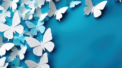 White paper butterflies on a blue background. Copy Space.