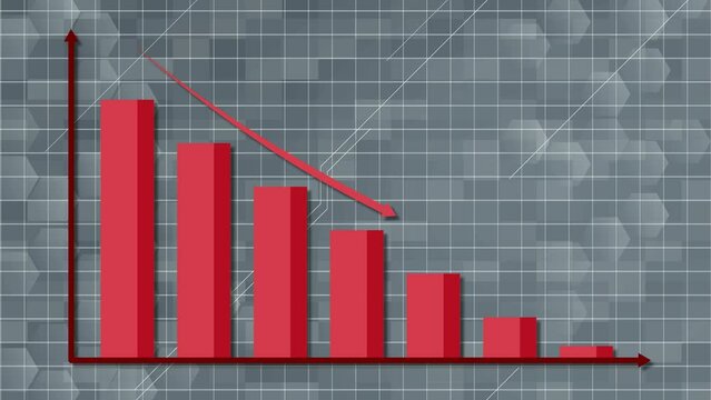 Downward red graph with red arrow indicating decreasing background pattern with futuristic line movement in grey color and square checkered and hexagon pattern, perfect for formal business presentatio
