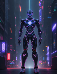 Fototapeta na wymiar Cyborg in futuristic cyberspace with neon lights 3D rendering