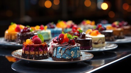 A close-up capture of an array of exquisite desserts on display, highlighting their intricate designs.