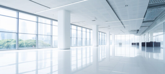 Fototapeta premium Blur of white open space office interior in white glass office background modern cityscape background, Business lifestyle