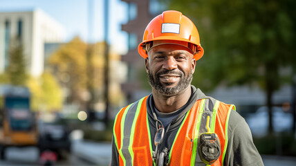 Portrait of confident adult black male worker on a construction site. He is wearing a orange construction helmet and vest.

