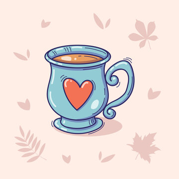 Bright illustration of exquisite mug, cup of tea or coffee with heart in doodle style isolated on a light background with autumn leaves