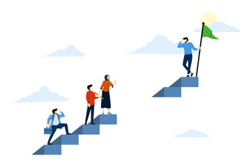 concept of skills gap, employee knowledge gap, competency or career issues, opportunity barriers or challenges, business people climbing ladder to find gap threshold to achieve goal.