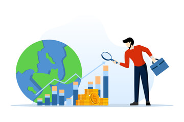 business finance global investment concept with investor analysis, property asset research for investment, growth chart analysis. successful investment. flat vector illustration on white background.