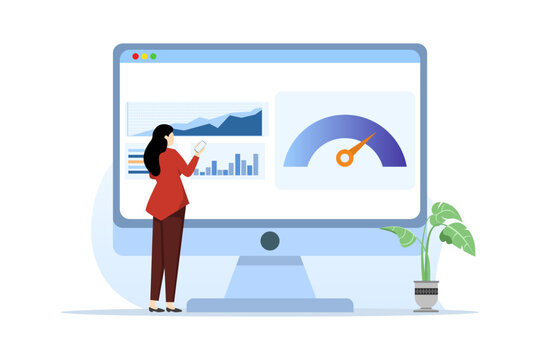 Online dashboard concept with speed indicator, internet performance test. Landing page template with person with computer display with speedometer. Flat vector illustration for website.