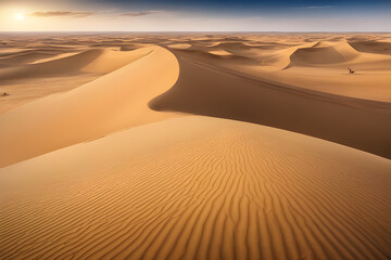 sand dunes in the desert, The vastness of the desert unfolds with sand dunes extending to the distant horizon