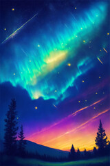 Naklejka premium Painting of the night sky and the beauty of the aurora