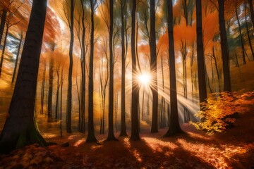 autumn sunset forest in the morning