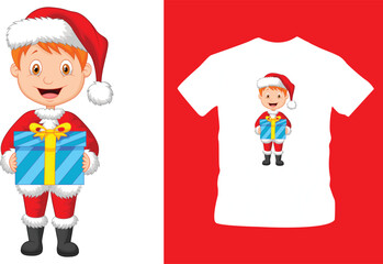 cute boy holding christmas gift vector illustration t-shirt design editable template