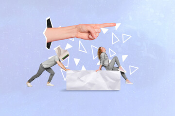 Creative collage of young funky girl sitting crumpled paper square while colleague hardworking head...