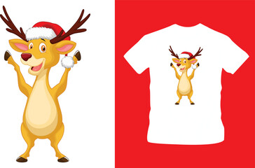 cute deer wearing santa hat vector illustration t-shirt design editable template