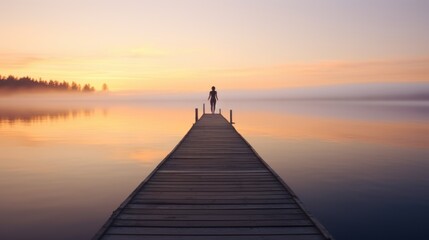 Joga at a wooden jetty or pier. Beautiful sunrise and fog in the far background. Quiet, relaxing atmosphere. - obrazy, fototapety, plakaty