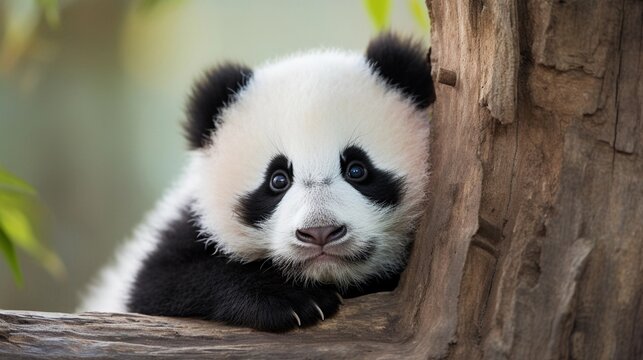 An endearing close-up of a baby panda cub cuddled up against a rough tree trunk, set against a lush bamboo forest background, creating an adorable scene with room for text. AI generated