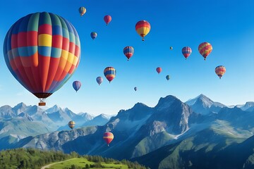 Naklejka premium Many hot air balloons float above the beautiful high mountains.