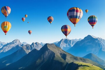 Fototapeta premium Many hot air balloons float above the beautiful high mountains.