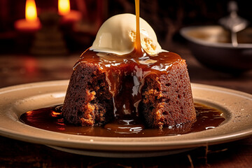 Sticky toffee pudding , a British dessert consisting of a moist sponge cake, covered in a toffee sauce and often served with a vanilla custard or vanilla ice-cream - obrazy, fototapety, plakaty