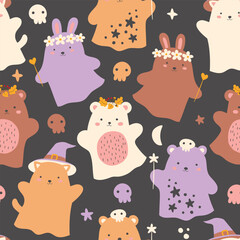 Cute Halloween Seamless Pattern. Soft Halloween with Baby animals. 