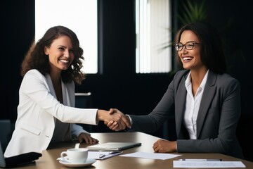 Fototapeta premium Happy mid aged business woman manager handshaking at office meeting. Smiling female HR hiring recruit at job interview, bank or insurance agent, lawyer making contract deal with client at work.