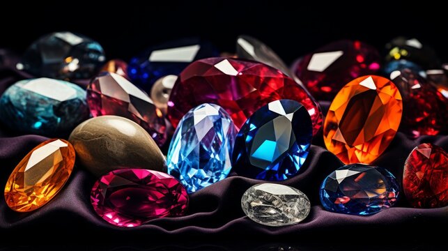 Gleaming gemstones scattered on a black velvet background | generative ai