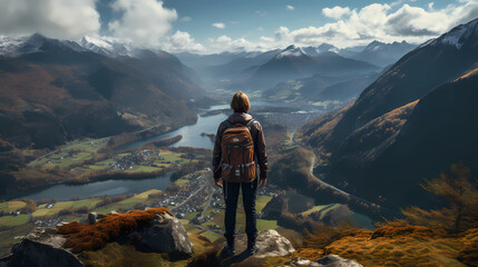  a person climbing the top of a mountain with a stunning panoramic view