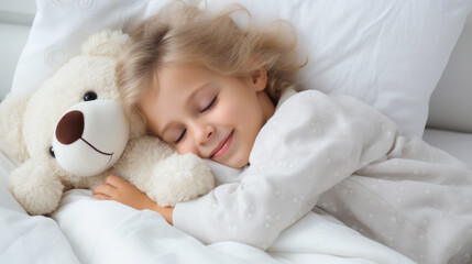 Peaceful 4-year-old girl sleeping contentedly, clutching her cherished teddy bear closely