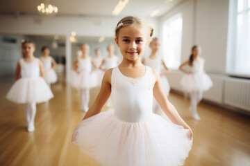 Proud young ballerina in classic ballet attire standing gracefully with her fellow dancers